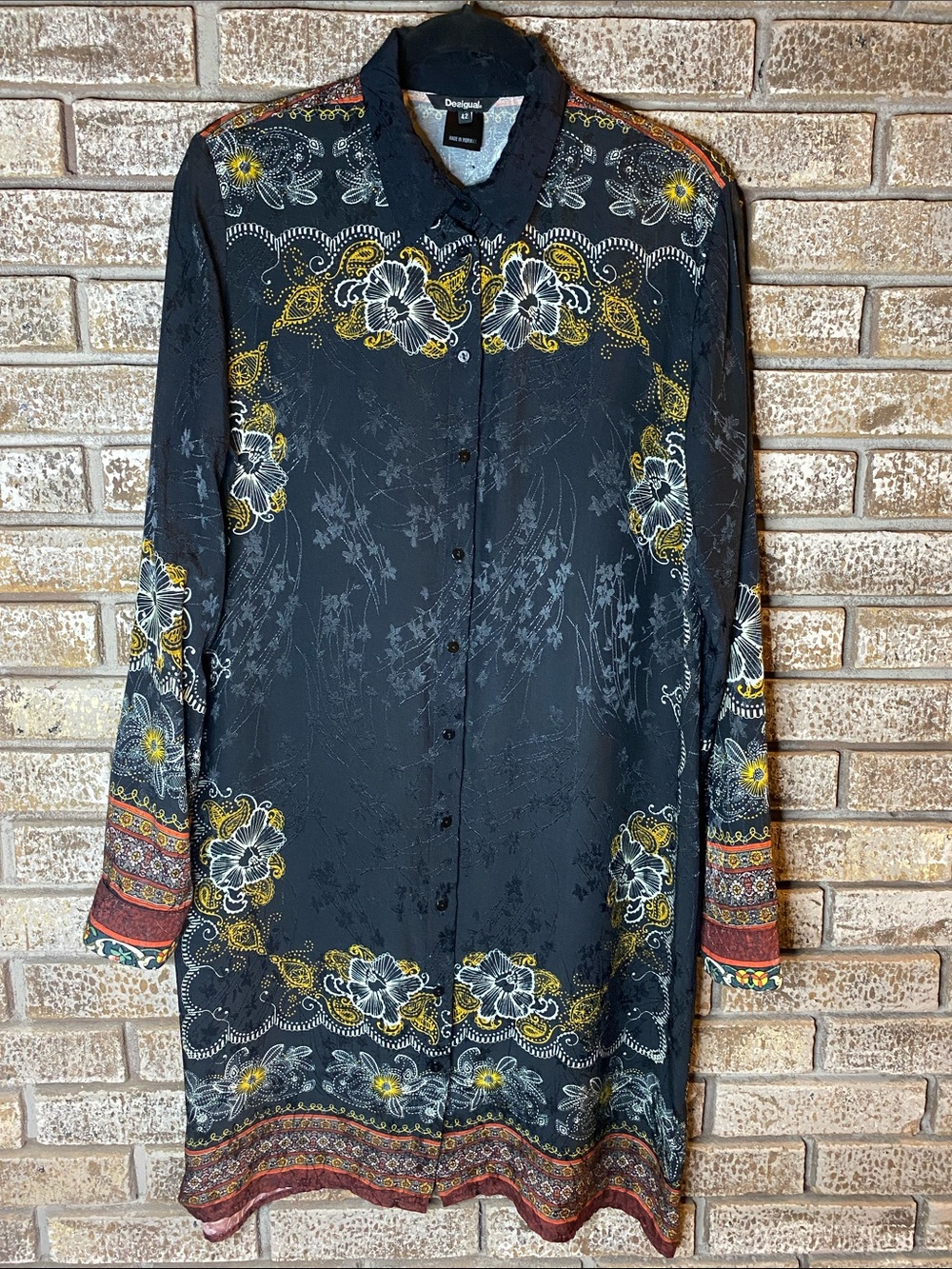 Desigual Black Floral Button-Down Dress/Tunic with Yellow and White Accents